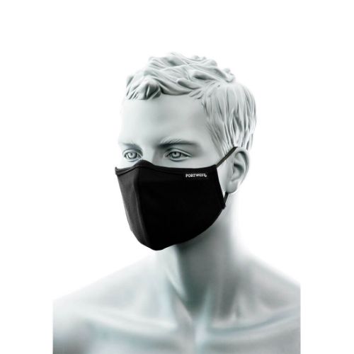 Portwest 2-Ply Anti-Microbial Fabric Face Mask with Nose Band (Pk25) Black Black
